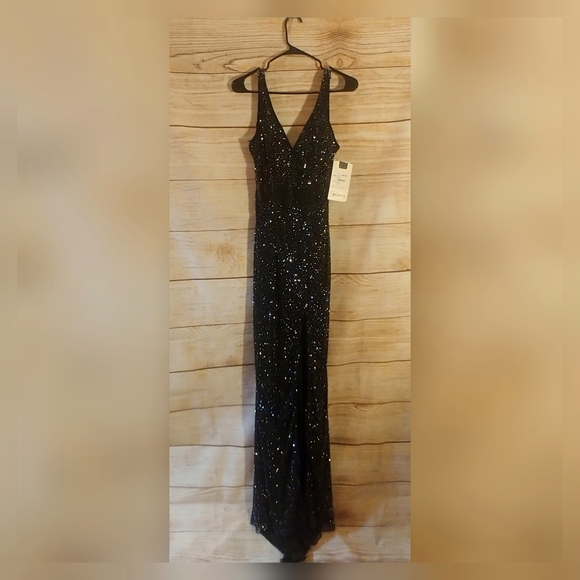 SOLD Mac Duggal black bead gunmetal dress gown 2 - Picture 5 of 6